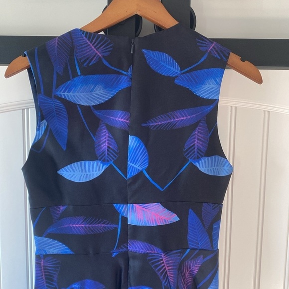 Lela Rose Sleeveless Leaf-Print Midi Dress Lapis Blue/Multi Size 2 - Picture 4 of 5